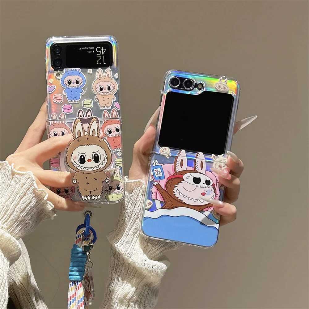 4 in 1 Labubu Magnetic Phone Case for Galaxy Z Flip 7 6 5 4 3 Zflip6 Z Flip5 Cover with Magnetic Bracket Strap PendantXJ250609