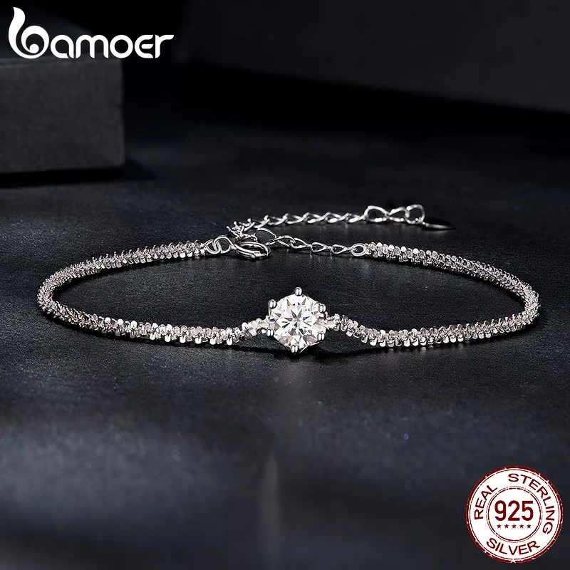BAMOER Round White Moissanite Bracelet for Women, 1 CT Lab Grown Diamond 925 Sterling Silver Elegant Bracelet