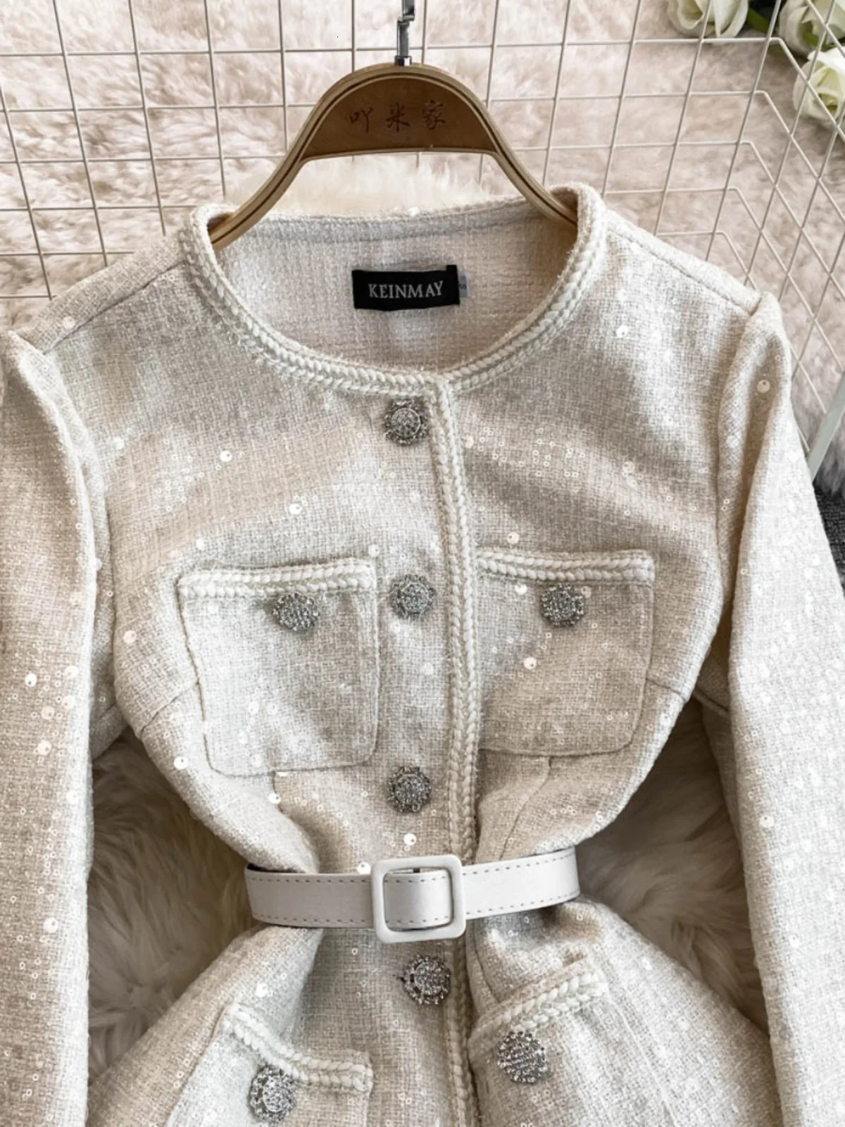 Sequin Chiffon Tweed Dresses Women Spring Autumn Single Breasted Crystal Belt Pleated Long Sleeve Party Vestido Short Robe 250603