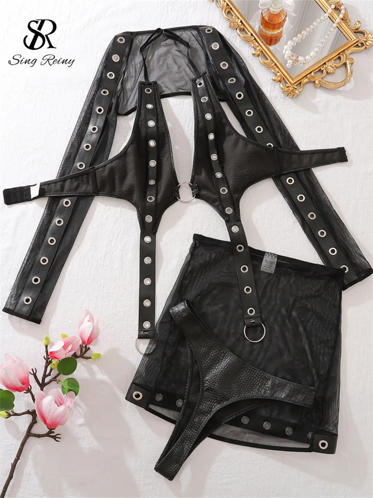 SINGREINY Fashion Spliced Sheer Sexy Lingerie 4 Pieces Suits Gauze Slim Shapewear Women Hollow Out Corset Erotic Underwear Sets 250603