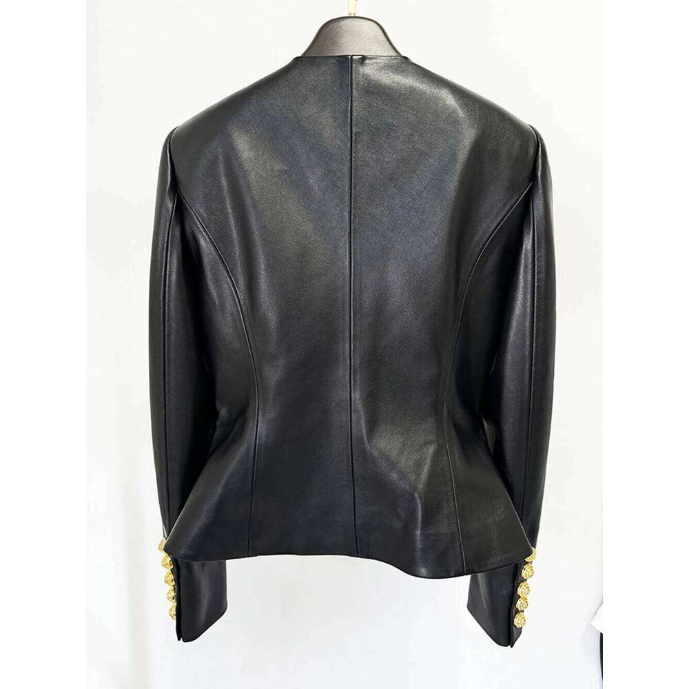 Modphy 2025 New Women'S Black Pu Leather Shiny Shrug Slim Small Suit High Quality Y2K Button Decorated Fashion Jacket