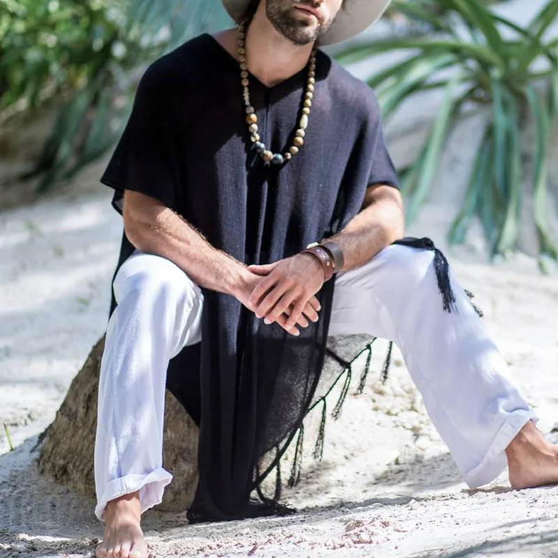 Vacation Seaside Beach Casual Loose Cloak Men Summer Leisure Breathable Cover-up Shirt Mens Boho Vintage Tassel Tops Pullovers 250603