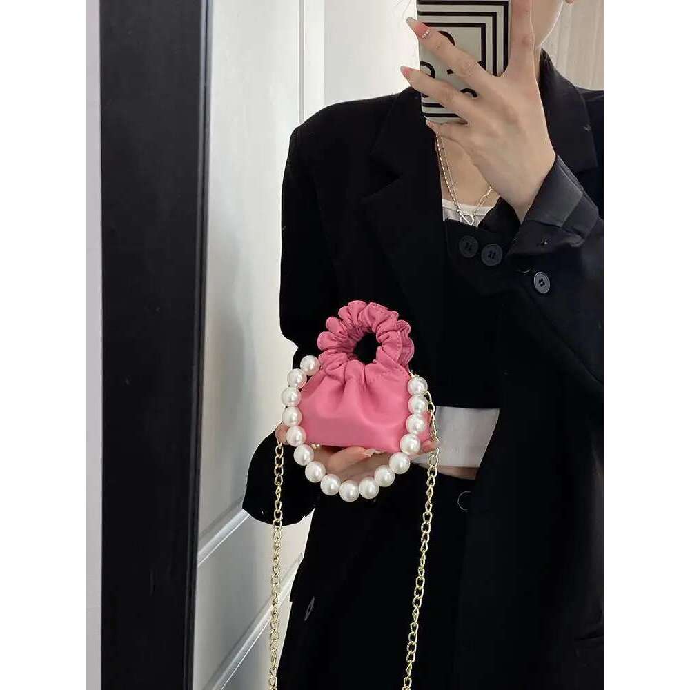 Women Mini Pleated Pearl Tote Bag Candy Color Soft Leather Chain Crossbody Bags Girl's Cute Lipstick Coin Purse