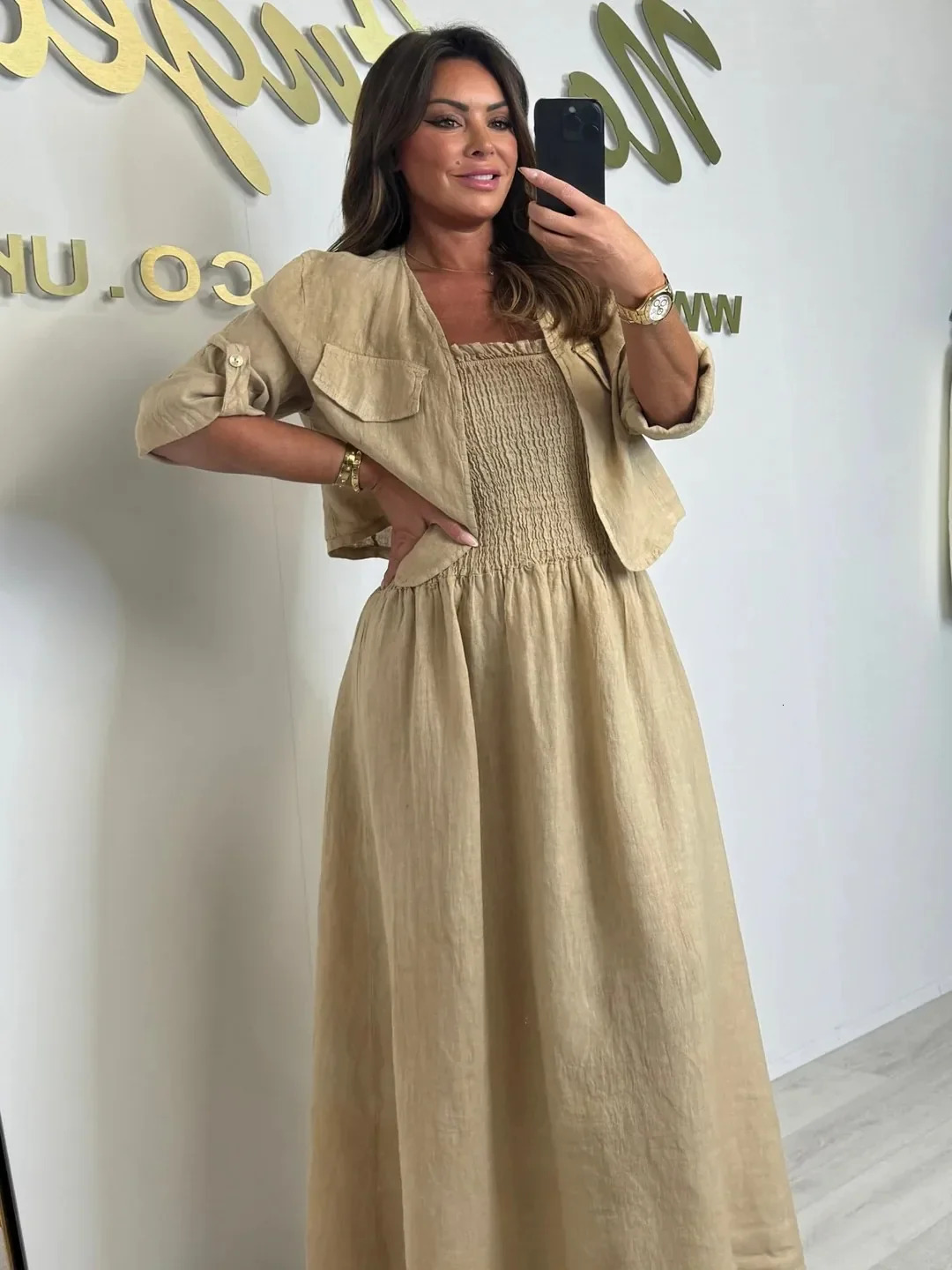 Spring Summer Casual Dress Set Women Elegant Office Lady Cardigan Short Jacket Strap Elastic Cotton Linen Dress 2 Piece Outfit 250606