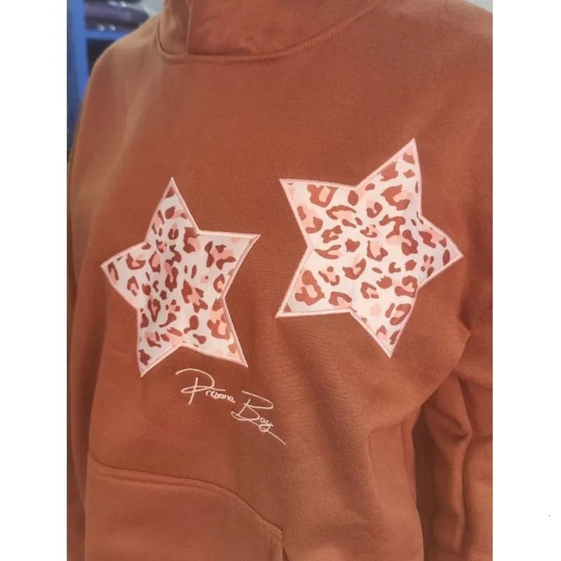 Ladies Autumn Winter Simple Grey Pullover Hoodie Leopard Print Pentacle Star Loose Y2K Basic All-in-one Fashion Casual Tops 250603