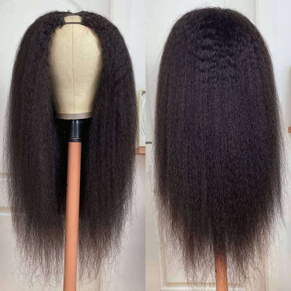 V Part Kinky 180% Density Human Hair Wig for Black Women Yaki Straight hine Made Natural Color