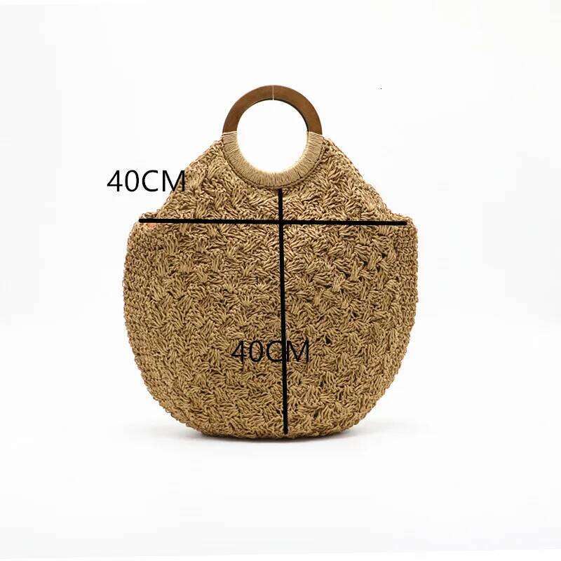 New 2024 Women's Woven Wooden Handle Straw Shoulder Bags Round Large-Capacity Beach Travel Handbag Crossbody Bag