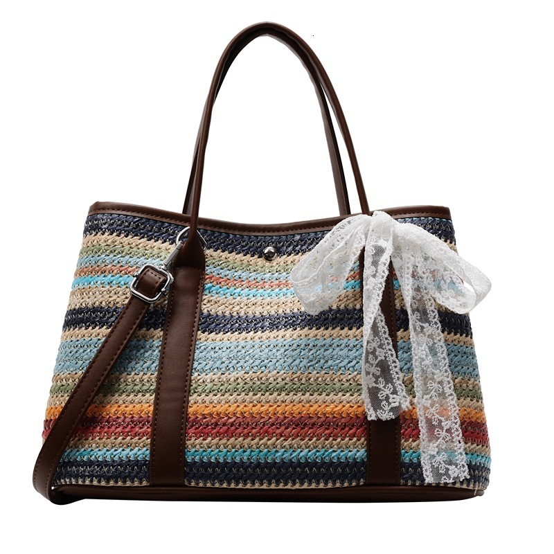 designer Large Capacity Rainbow Straw Woven Bag for Women 2025 New Summer Fashion Commuter Shoulder Bag Handheld Mother and Child Tote Bag