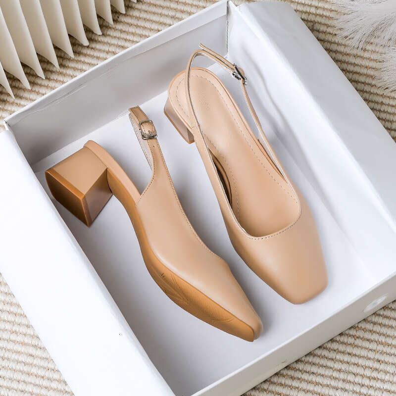 35-42 Large Size Soft Leather Peep Sandals Summer 2024 New Square Toe One Strap Office Thick Heel Slippers