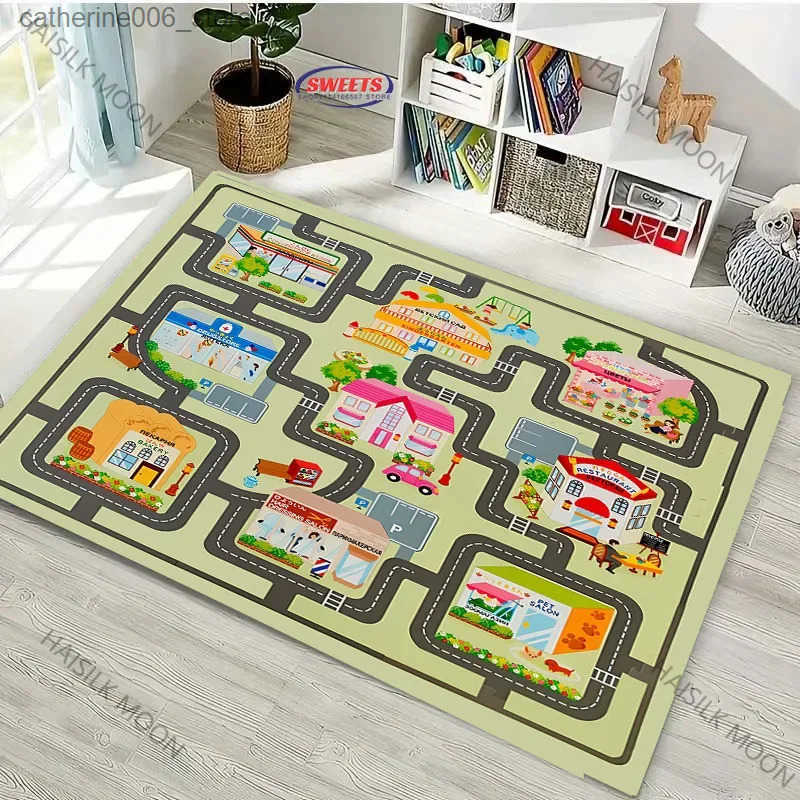 1PC Kids Play Rugs - City Pretend Play - Car Track Rug for Living Room Bedroom Picnic Camp Mat Crawling Rugs Door Mat Gift y250609JC5D