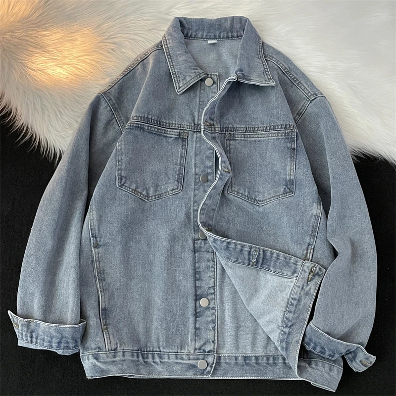 American High Street Fashion Solid Denim Jacket Men Spring Autumn Korean Blue Loose Tops Retro Long Sleeve Lapel Coat 250530