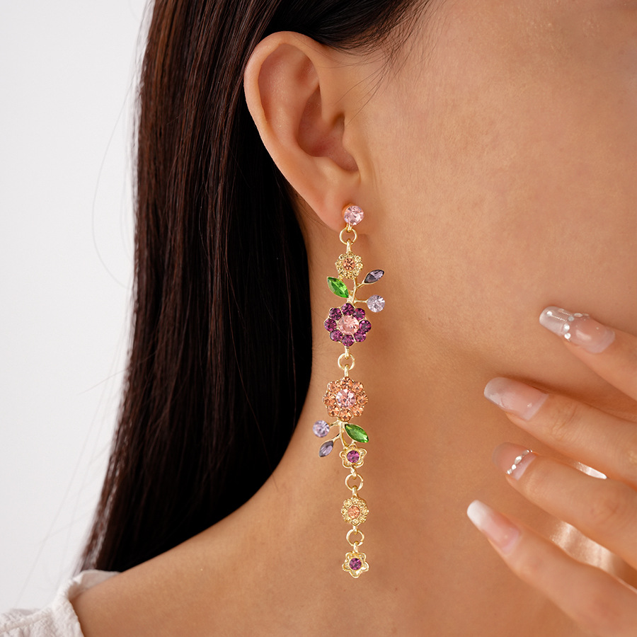 Vintage Floral Leaf Shaped Long Drop Earrings with Zircon Accents Sterling Silver Needle Sweet Elegant Statement Earrings for Women