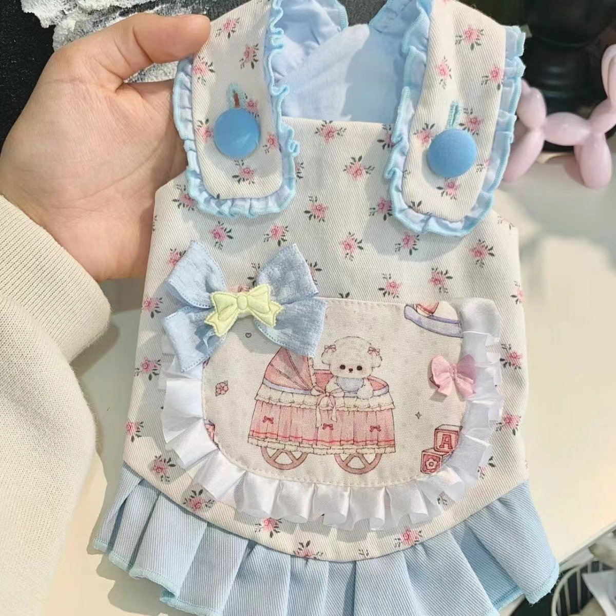 Kawaii Floral Ruffle Pet Dress with Pram Print for Small Dogs & Cats