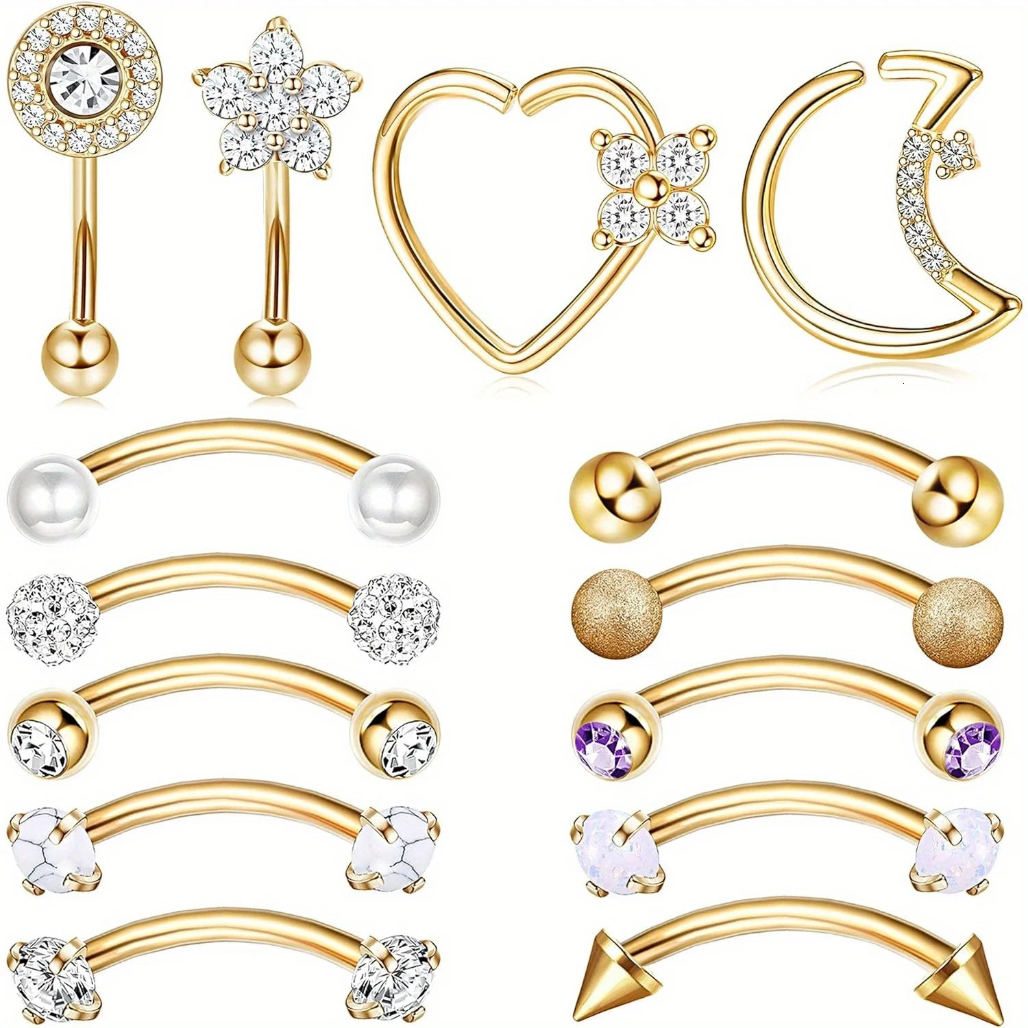 Drperfect Piercing Jewelry 16G Steel Curved Barbell Eyebrow Rings Lip Belly Button Heart Moon Earrings 250606