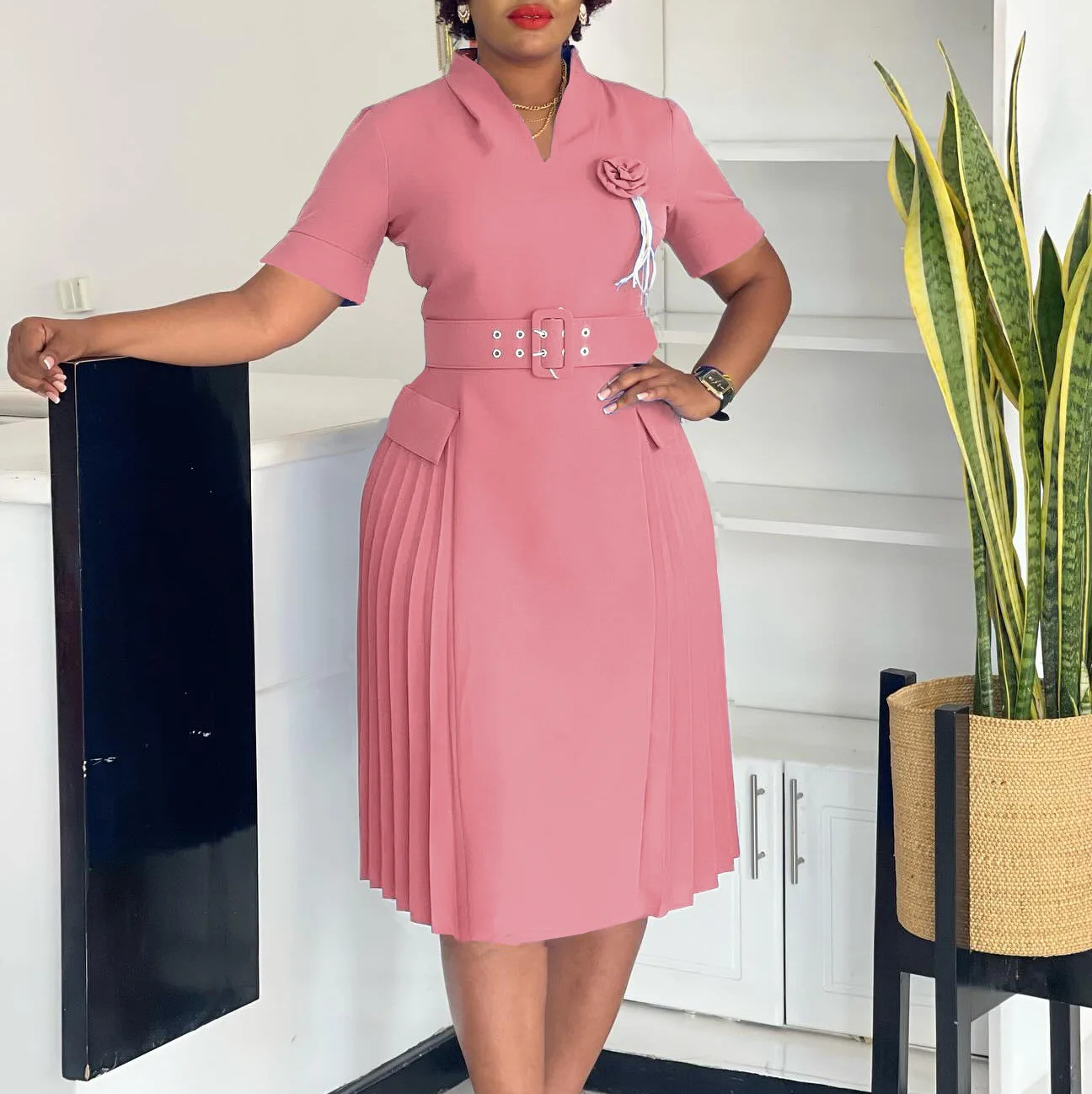 AOMEI Women Elegant Dresses V Neck Short Sleeves Pleated Waist Belt 3D Flowers Classy Church Business Party Female African 250603