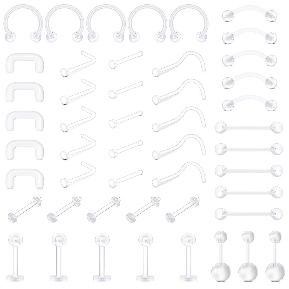 5Pcs48Pcs Clear Nose Ring Bioflex Stud Retainer Eyebrow Navel Piercing Body Jewelry Acrylic For Men and Women 250606