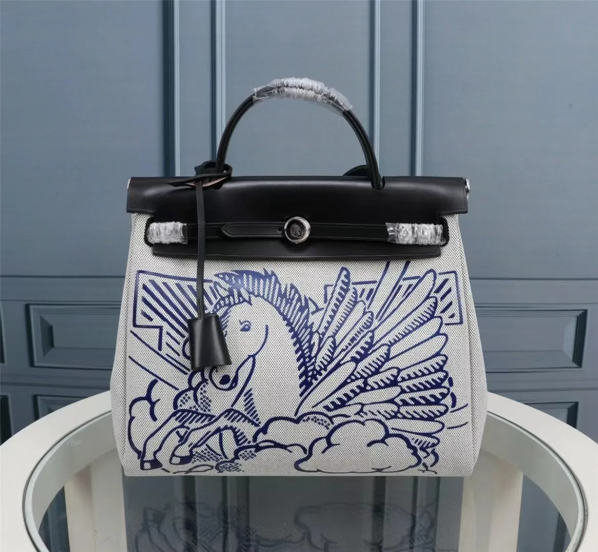 Luxury Brand Canvas Real Cowhide Leather Totes Handbag Horse Embroidery Satchels New Fashion High Quality Women's Crossbody Shoulder Bags Leisure Retro Lock