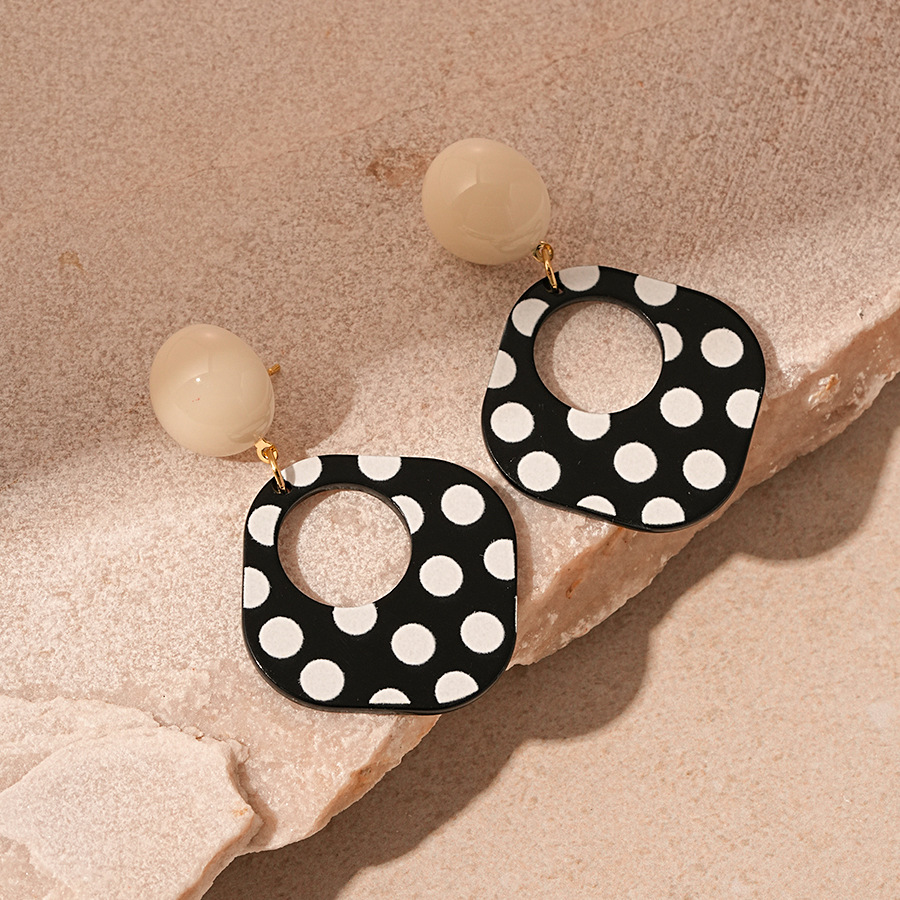 Vintage Acrylic Black White Polka Dot Square Geometric Earrings with Sterling Silver Needles Stylish Minimalist Elegant Statement Ear Jewelry for Wome