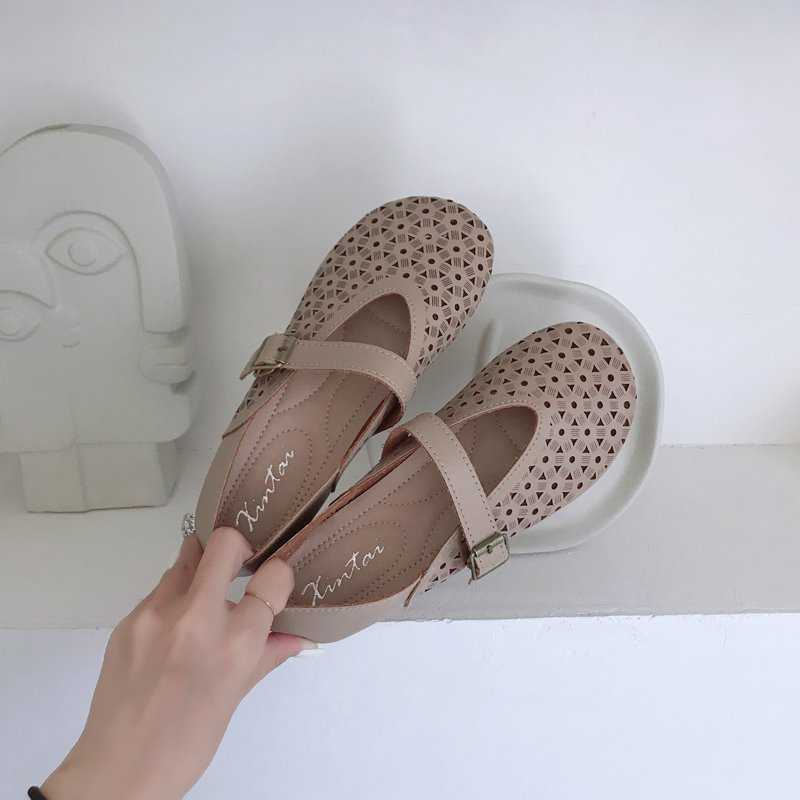 Summer Round Toe Buckle Hollow Solid Color Single Shoes Doll Shoes Shallow Mouth Flat Womens Casual Shoes