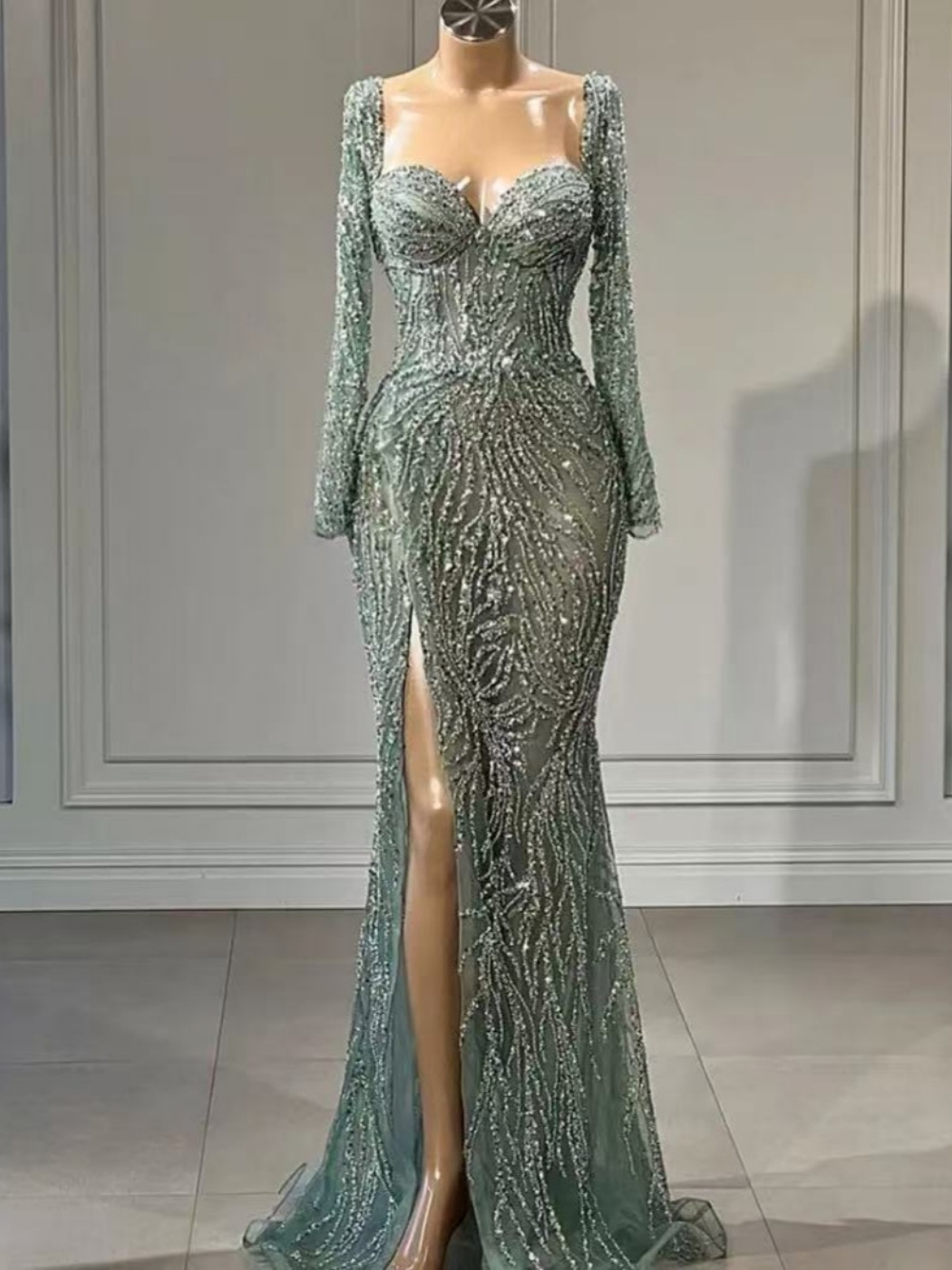 Exquisite Mermaid Evening Dress Square Neck Sequins Beaded Prom Gowns Side High Splits Floor Length Formal Dresses Customized