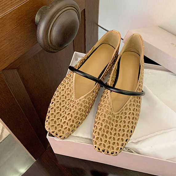Sheepskin Version French Genuine Leather Square Toe Hollow Mesh Sandals For Women New Soft Sole Woven Mary Jane Shoes