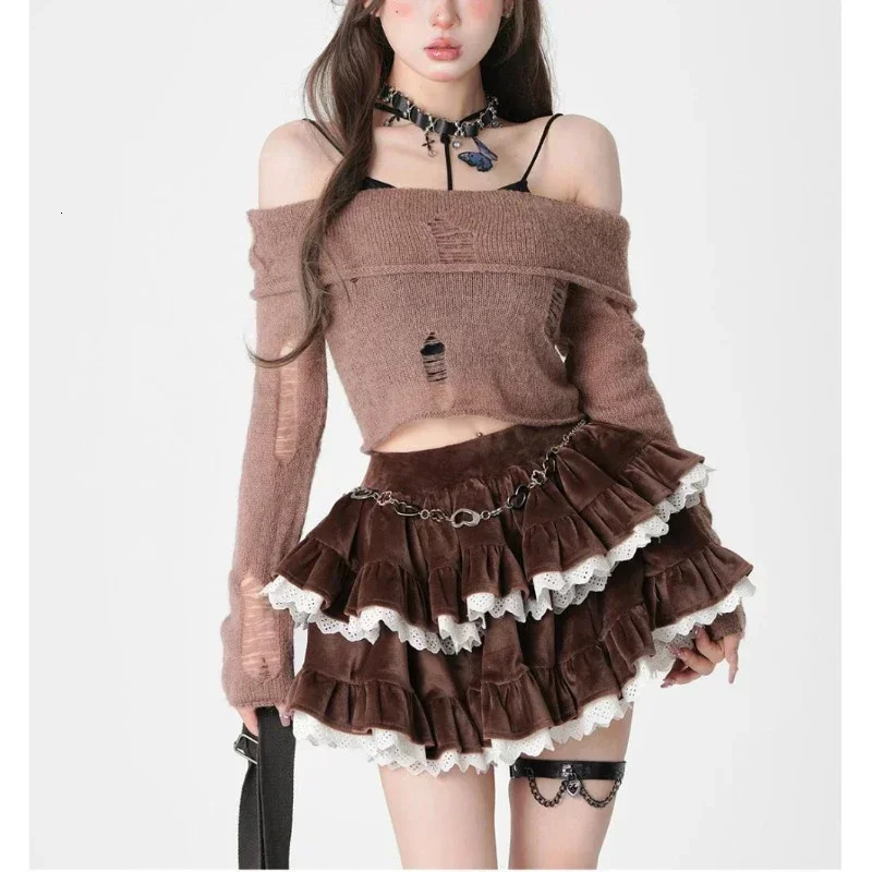 Deeptown Brown Kawaii Corduroy Skirt Women Korean Style Sweet Cake Mini Skirt Lace Spliced Black High Waist Ruffle Short Skirts 250609