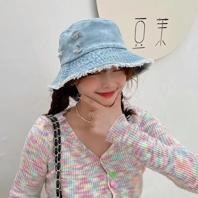 Washed Cowboy Bucket Hat Women Outdoor Wide Brim Panama Safari Hunting Hiking Hat Mesh Fisherman Hat Beach Sunscreen Cap 250606