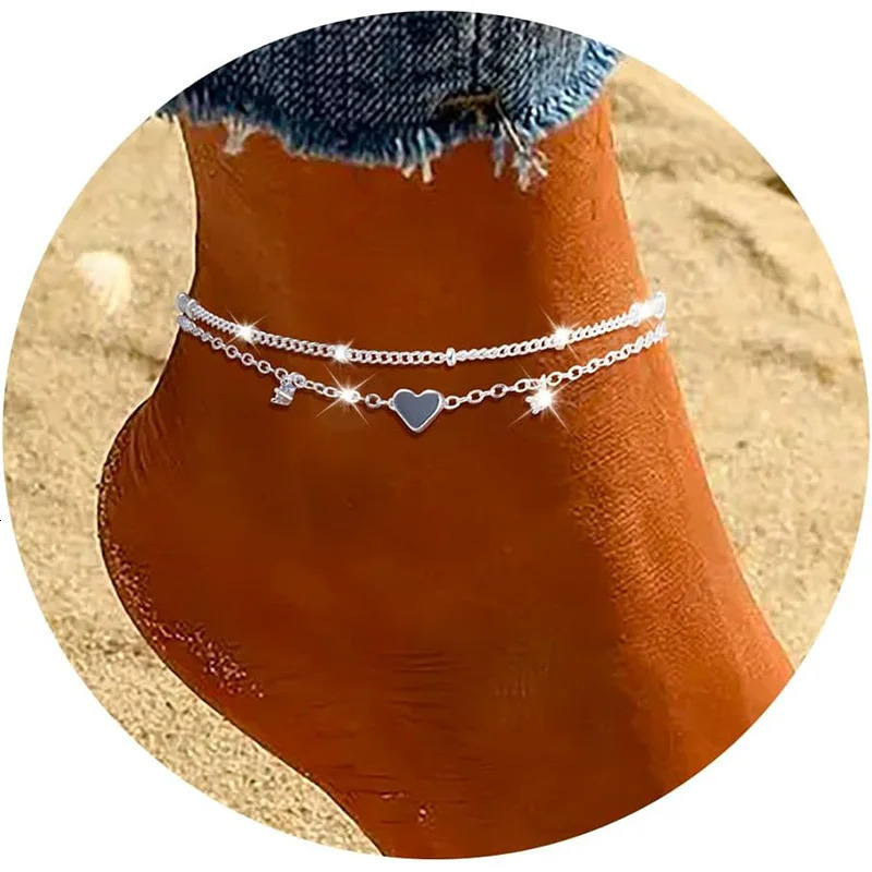 925 Sliver Plated CZ Anklet Bracelets for Women Girl Trendy Waterproof Heart Charm Dainty Layer Chain Anklets Jewelry Gifts 250528