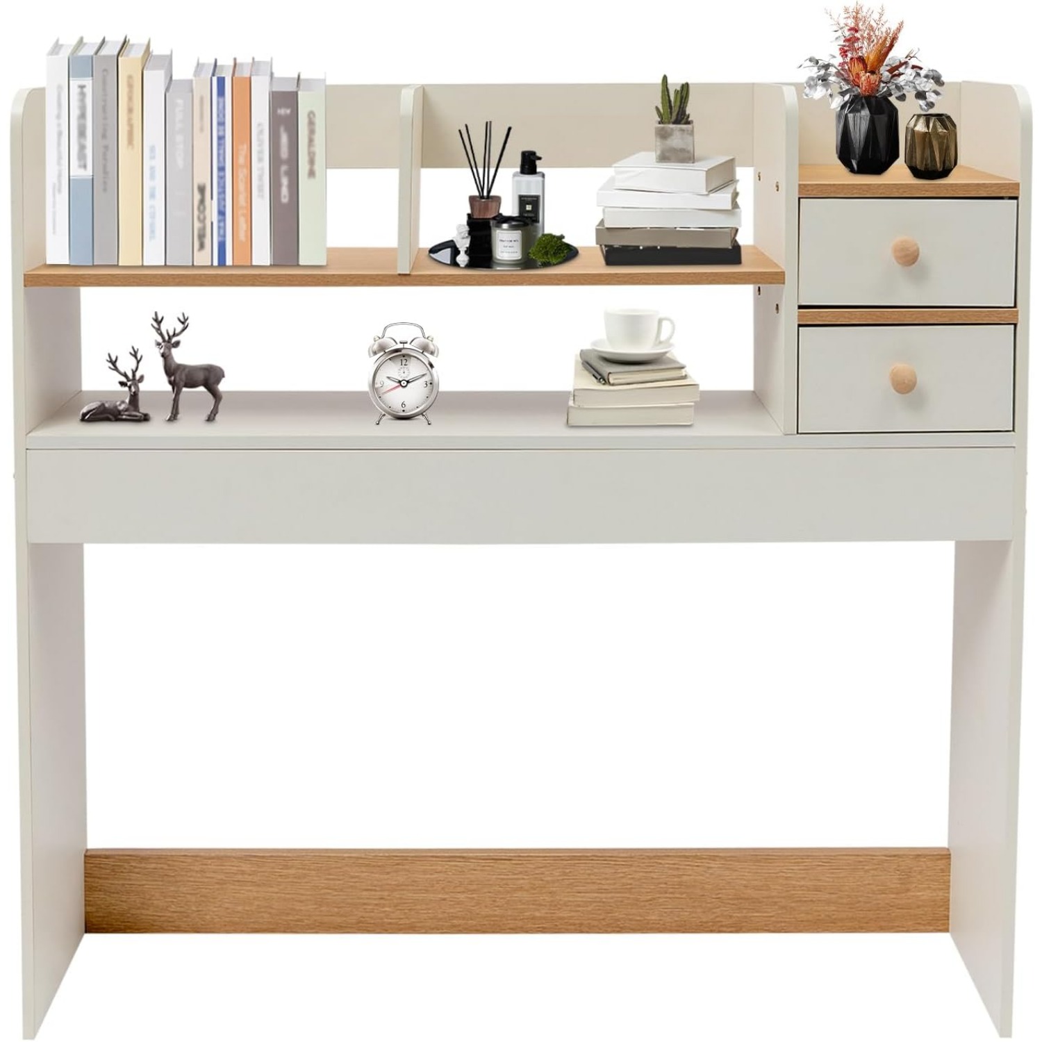 3-Tier Desktop Bookshelf Countertop Storage Desk Hutch for Computer Desk, Multipurpose Desktop Organizer Shelf with 2 Drawers Office Supplies Home Des