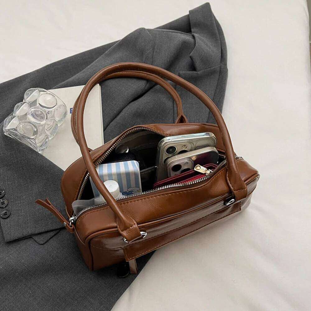 Shoulder Women Multi Pocket Retro Handbag PU Leather Zipper Solid Satchel Bag For Work Travel