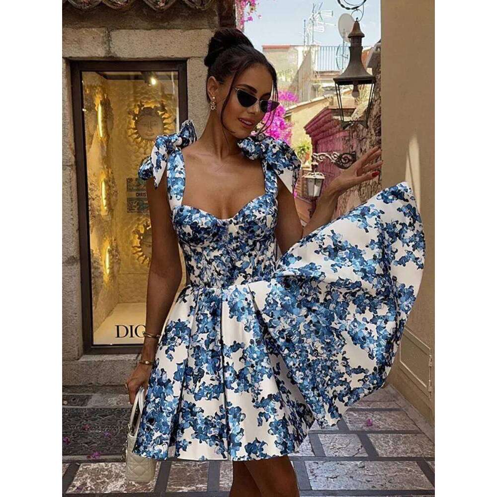 Vintage Blue Print Bow Lace-up Sling Dress For Women High Waist Pleated A-line Mini Dresses Summer New Vocation Lady Vestidos