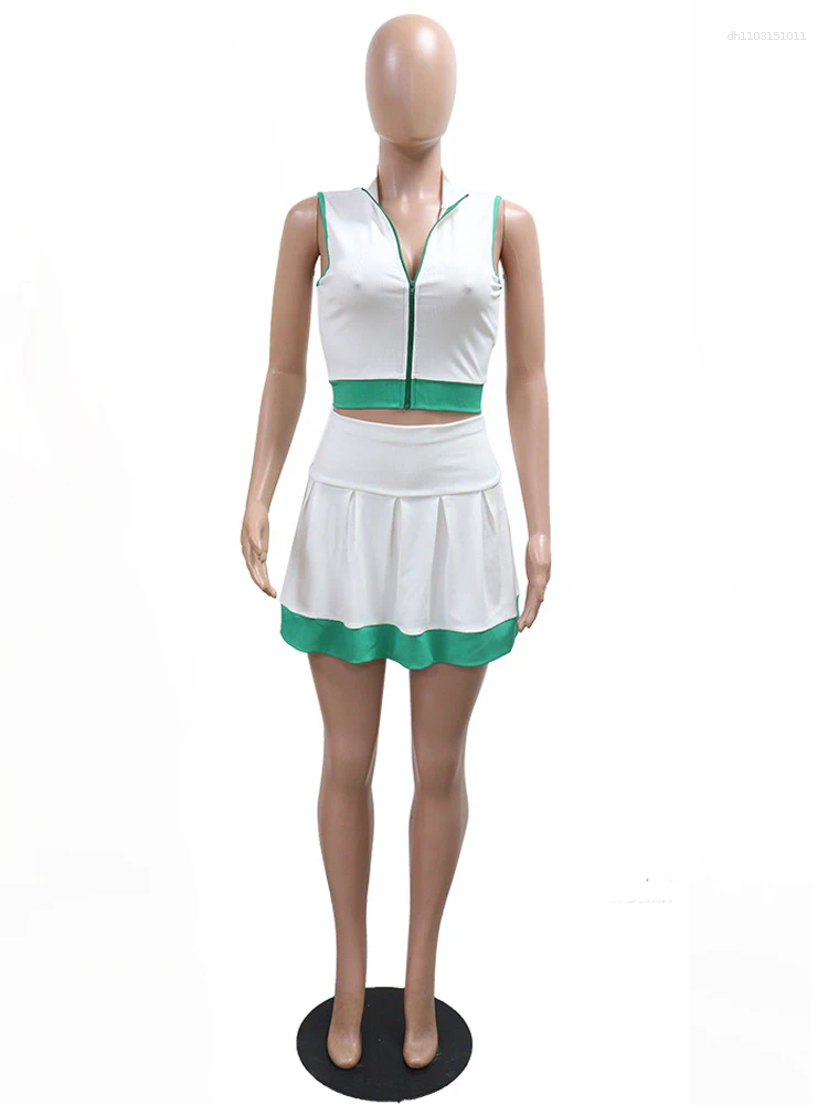 Women's Tracksuits Beyprern Cute Girls Zipper Front Crop Top And Ruffles Skirt Set Summer Two Piece Dress Sporty Tennis Active