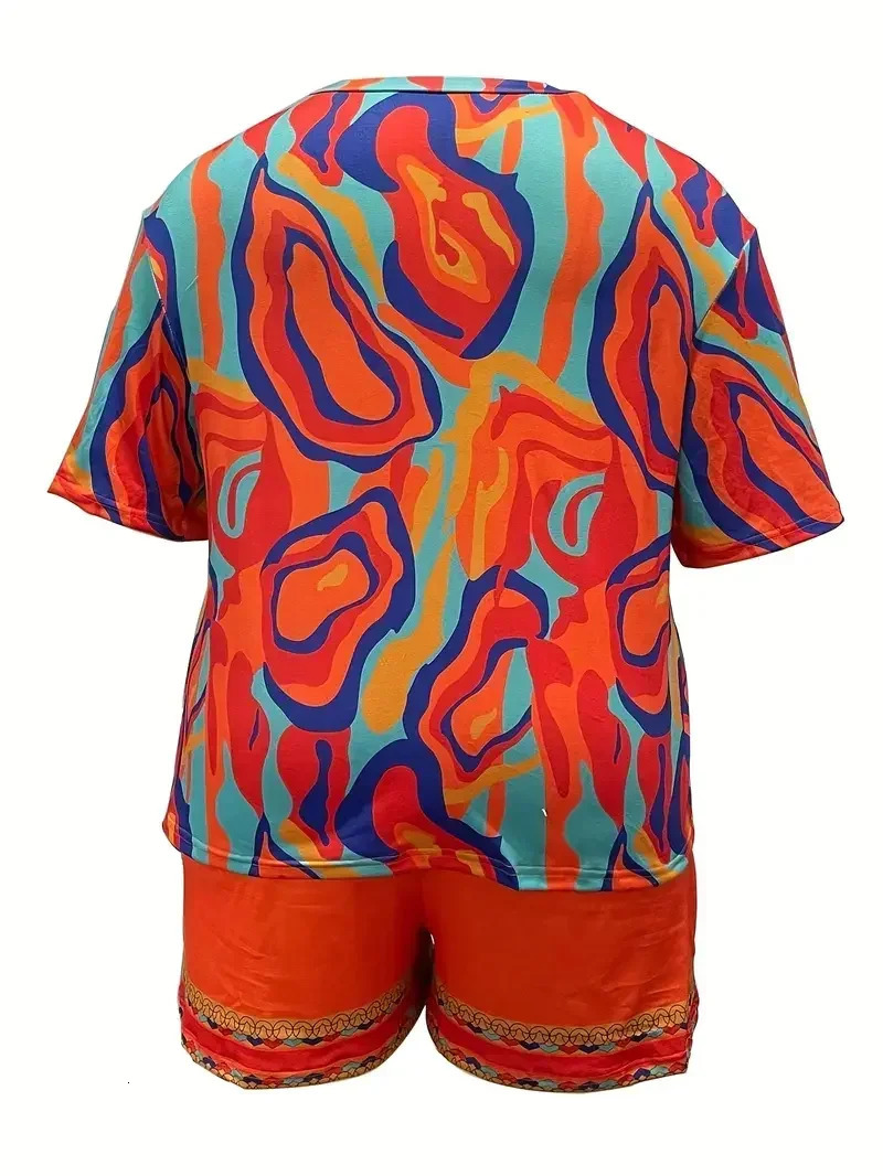 Women Casual Plus Size 1XL5XL Colorful Abstract Print Pajama Set Short Sleeve Round Neck TShirt Shorts Summer Loungewear 250603