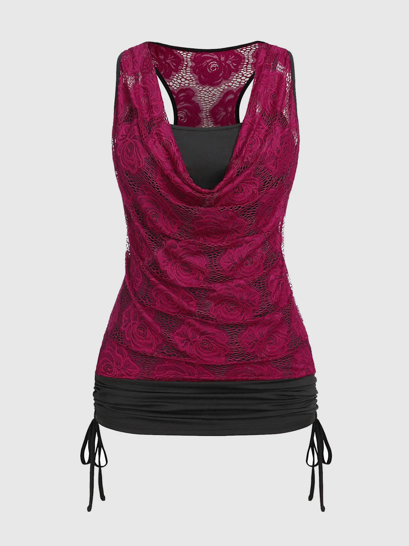 Womens Plus Size Two Piece Set Sleeveless Drawstring Fitness Matching Ruched Cowl Neck Lace Hollow Out Top and Mid Pant 250603