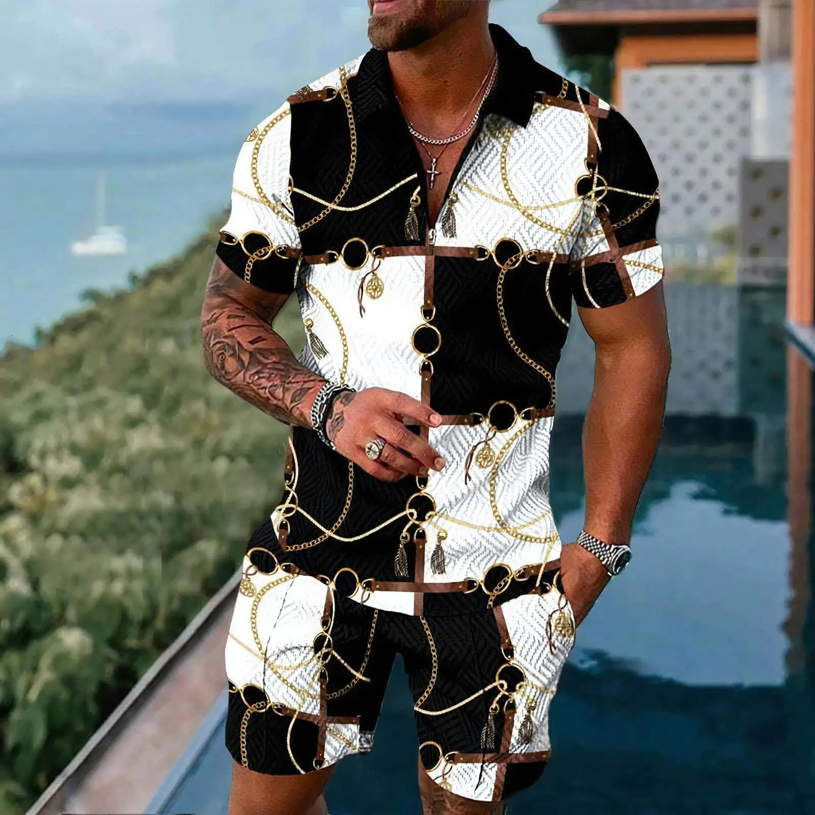 Gold Pattern Mens Polo Shirts Set Summer Short Sleeve Zipper Shirt Shorts 2PCS Suits Men Casual Sportswear 250530