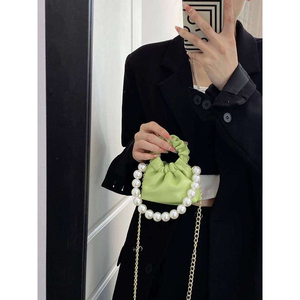 Women Mini Pleated Pearl Tote Bag Candy Color Soft Leather Chain Crossbody Bags Girl's Cute Lipstick Coin Purse