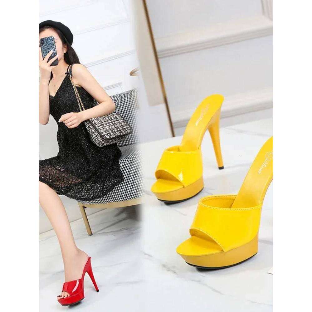 Womens Slippers Mule Patent Leather Sexy Fashion 13CM Slides Party Shoes for Woman Red Sandals Summer Comfortable