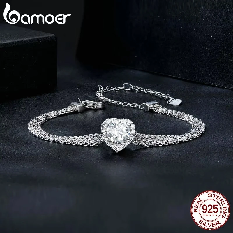 BAMOER 2025 Diamond Solid 925 Sterling Silver 4mm Mesh Link Chain Bracelet, White Gold Plated Heart Moissanite Woven Bracelet for WomenMSB019