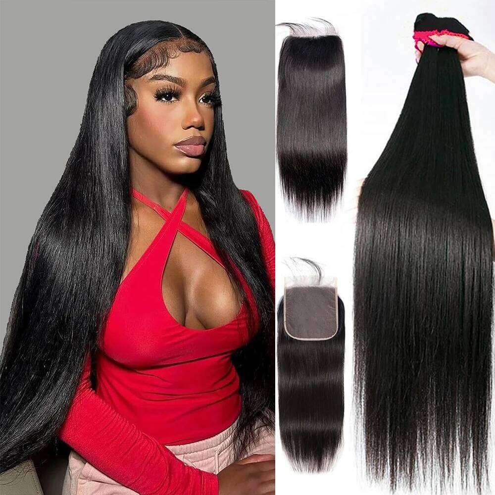 Brazilian with Straight Human With 4x4 HD Lace Closure 14A Black 3/4 Bundles Hair Extensions Remy
