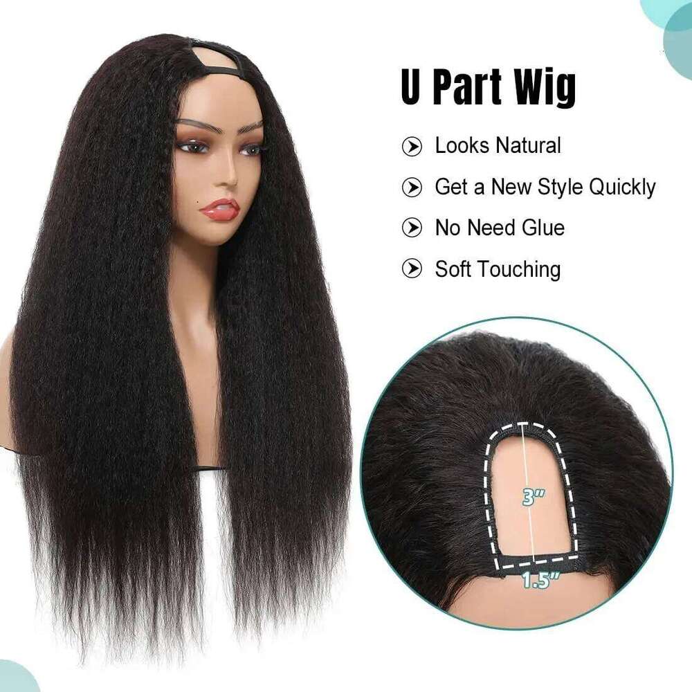U Part Kinky Wigs Human No Leave Out 22 inches Brazilian Hair V Shape Yaki Straight Wig Natural Color Easy Wear