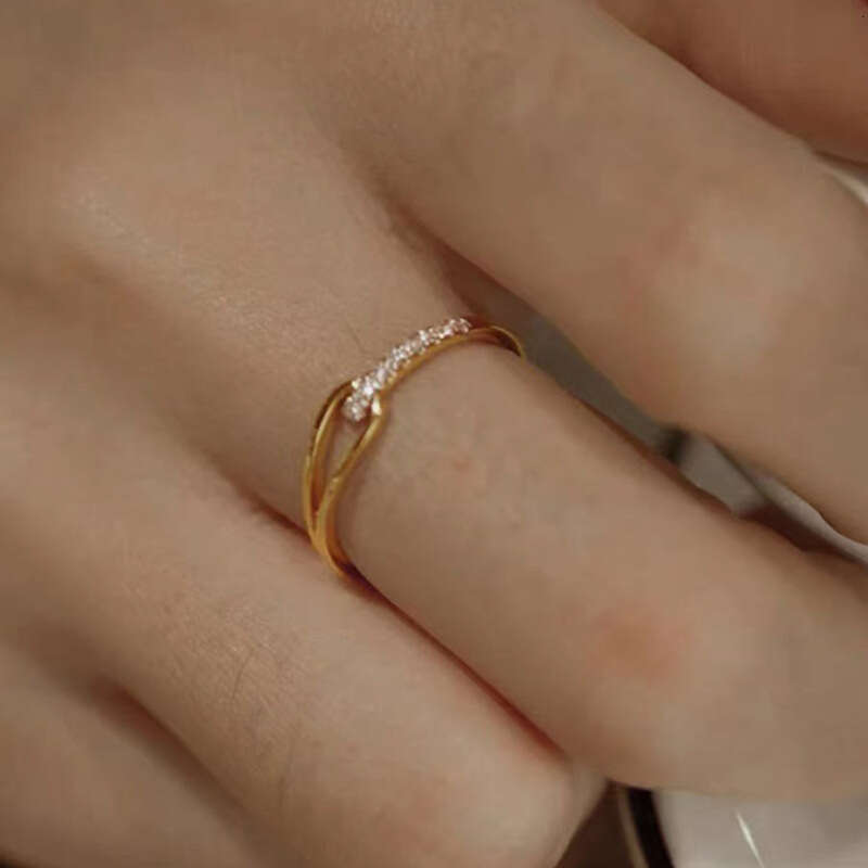 Titanium Steel Gold-Plated Non-Fading Zircon Row for Women Half Circle Full Index Finger Stacking Inlaid Dia Tail Ring