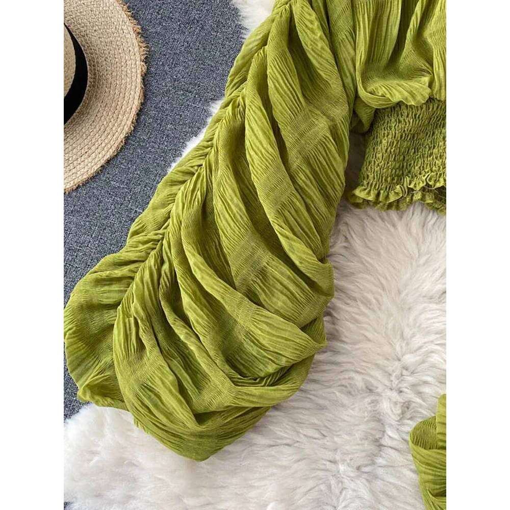 Summer Sexy Draped Chiffon Blouse For Women Elegant V-Neck Puff Long Sleeve Short Tops Female Slim Party Shirts 2022 New Fashion