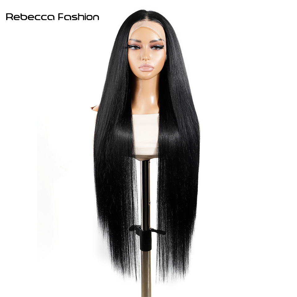 Rebecca Fashion Synthetic Front For Women 38 inch Long Straight Layered Wigs 13X4 Lace Frontal Free Part Black Cosplay Wig