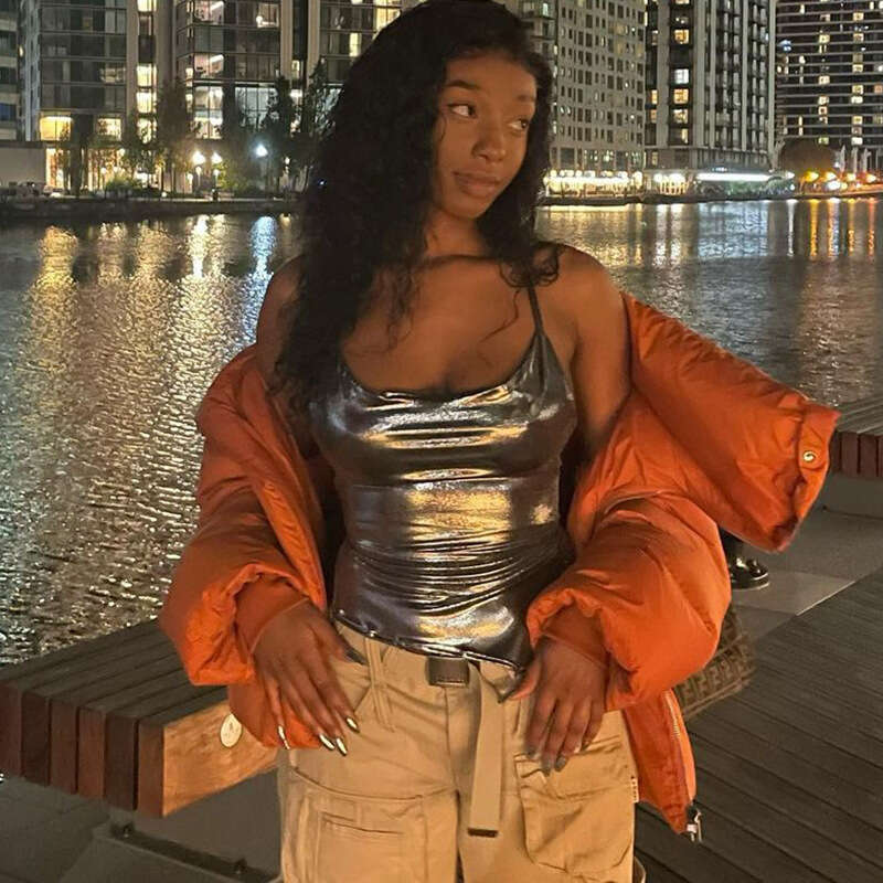 Unique Design Women's Clothing Silver Tie Strap Sexy Hot Girl Top T-Shirt Trend B5