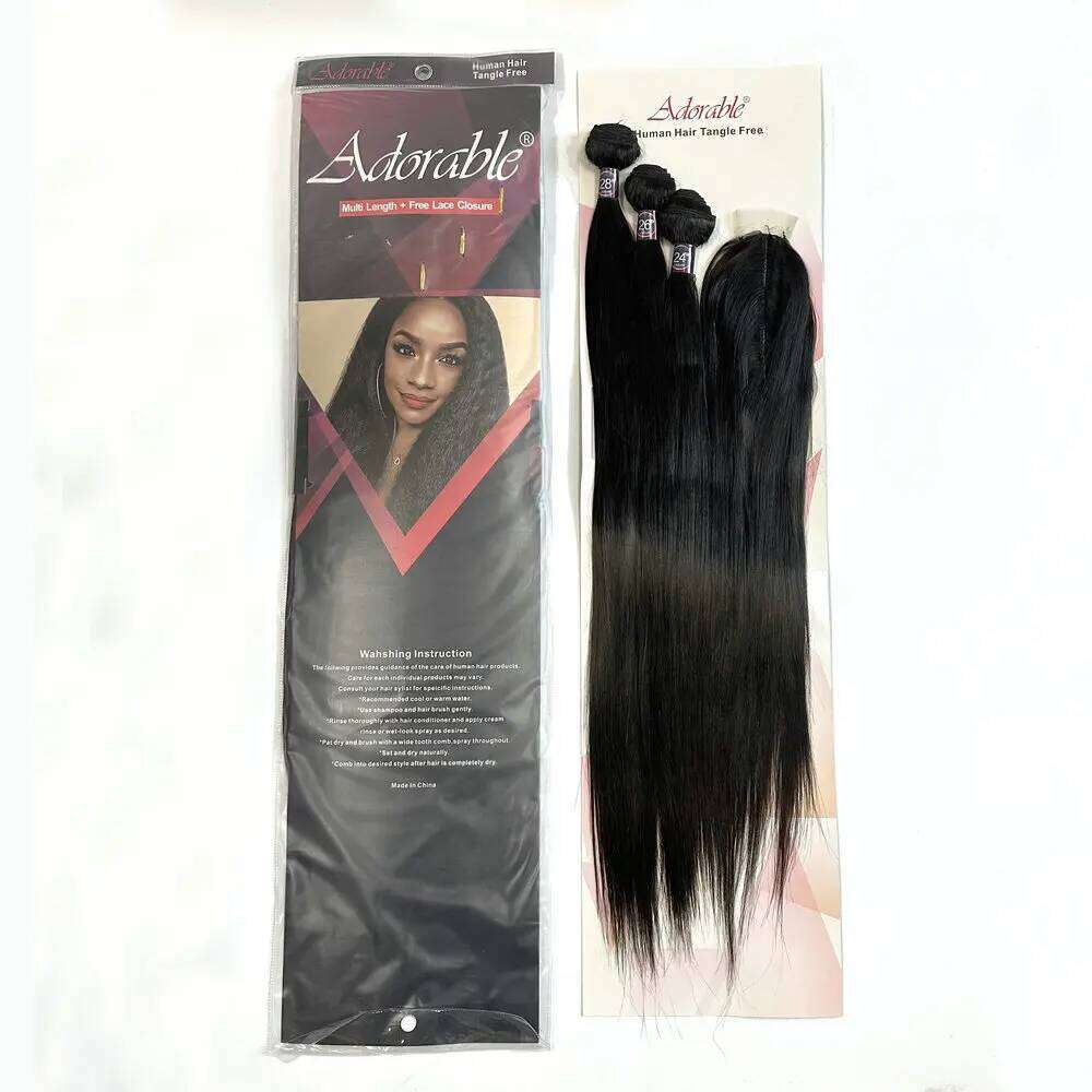 Protein mixed Heat Resistant Fiber Synthetic Remy 3PCS,Full Pack Straight Blend Hair With Silk Base Closure