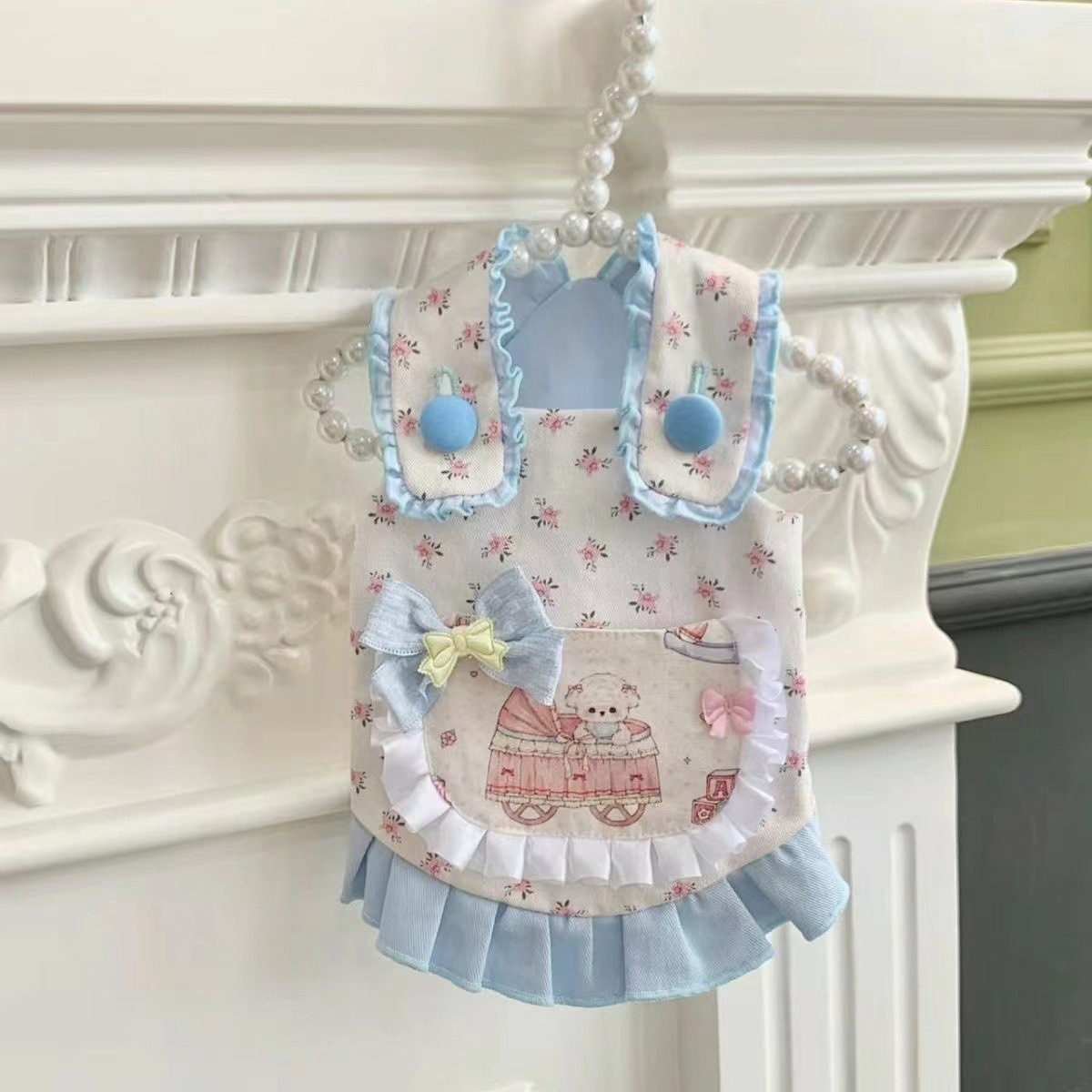 Kawaii Floral Ruffle Pet Dress with Pram Print for Small Dogs & Cats