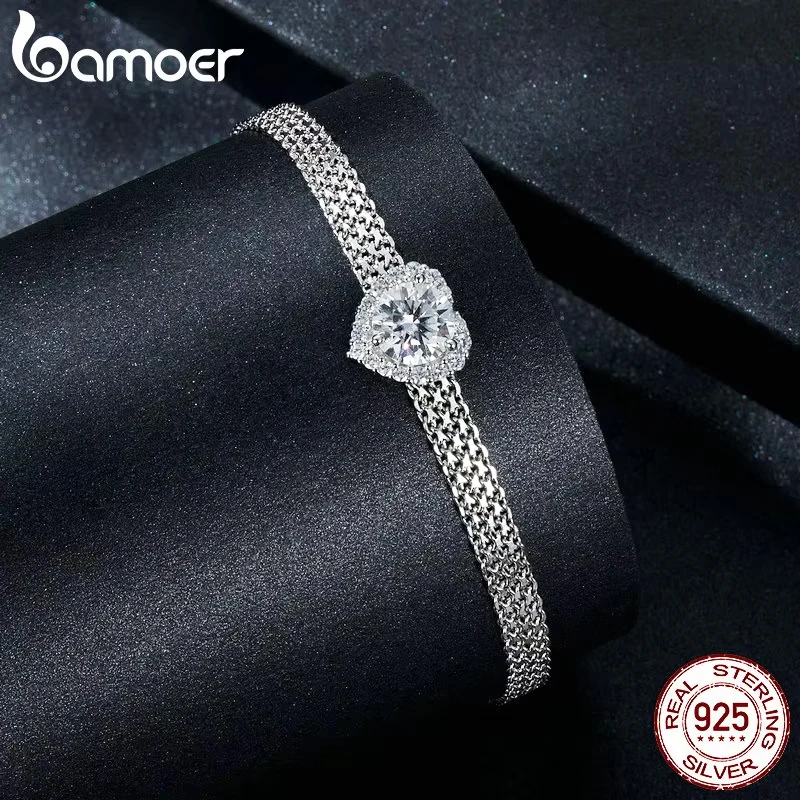 BAMOER 2025 Diamond Solid 925 Sterling Silver 4mm Mesh Link Chain Bracelet, White Gold Plated Heart Moissanite Woven Bracelet for WomenMSB019