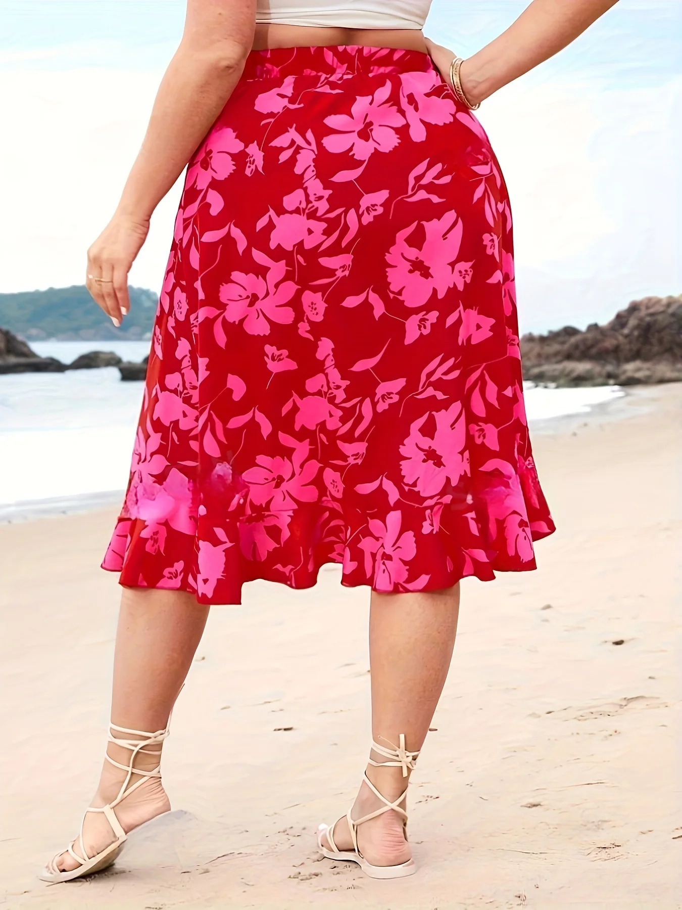 Plus Size Spring Summer Women Elegant Floral Print Slit Skirt Vacation Beach Style High Waist Skirts 250530