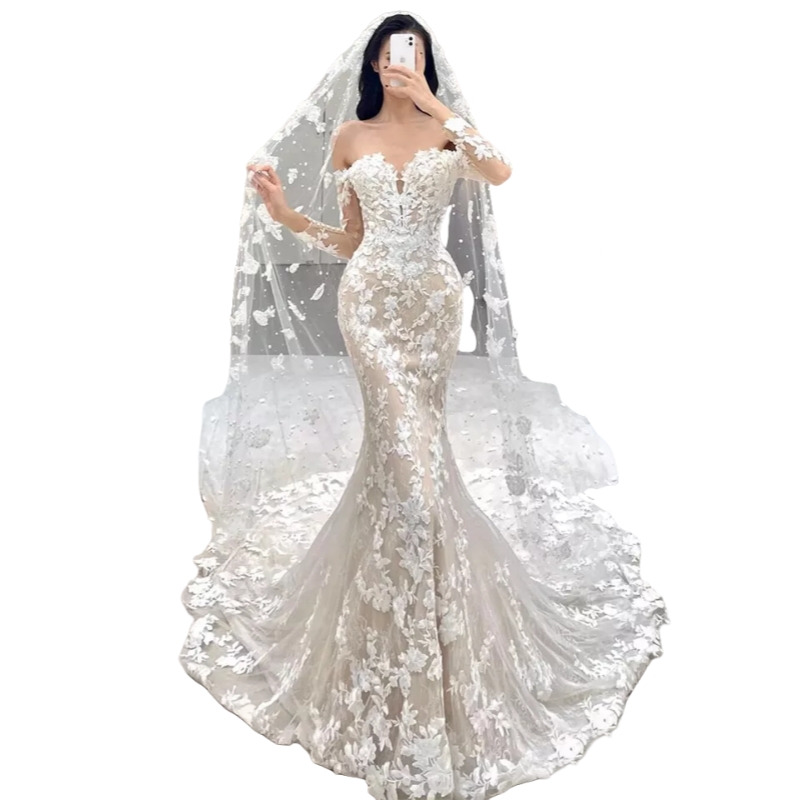 Boho Mermaid Lace Wedding Dresses Long Sleeves Off Shoulder Applique Sheer Backless Beach Bridal Gown Without Veil