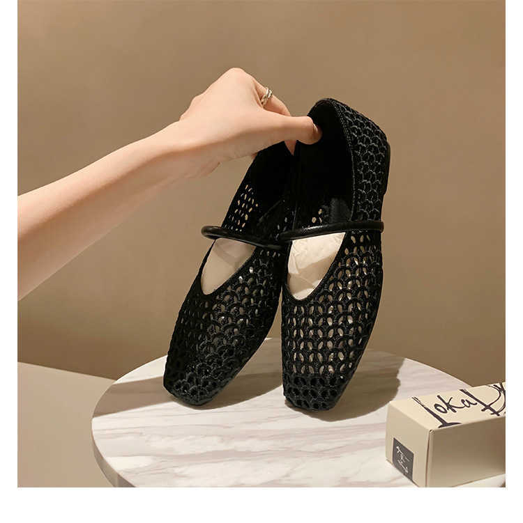 Sheepskin Version French Genuine Leather Square Toe Hollow Mesh Sandals For Women New Soft Sole Woven Mary Jane Shoes